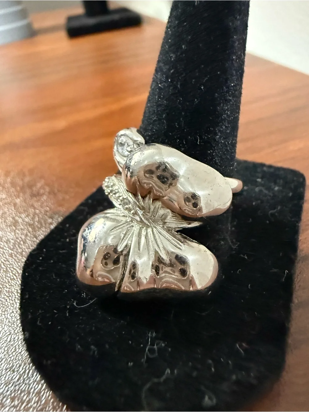 Polished Silver Butterfly Statement Ring with faux diamond accents